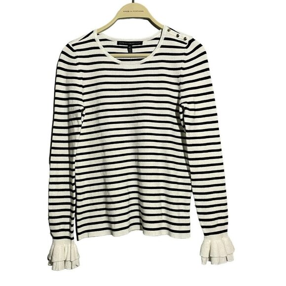WHBM Sweater White House Black Market Women Size MP Stripe Ruffle Silver Button - Picture 1 of 12